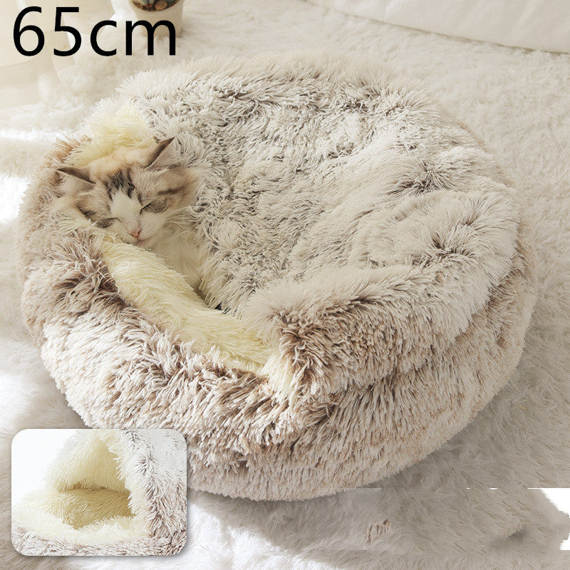 Lit 2 en 1 pour chien et chat - Lit d'hiver rond en peluche chaud pour animaux de compagnie - Lit doux et long en peluche pour animaux de compagnie